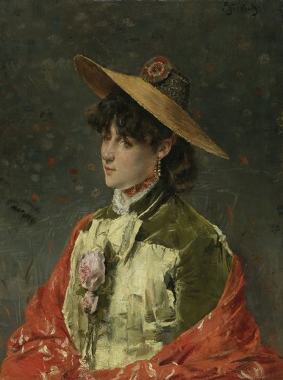 Frau mit Strohhut von Alfred Emile Stevens